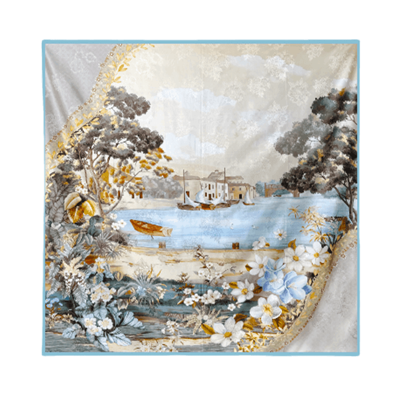 Mulberry Silk 14 Momme Square Scarf Boathouse 108x108 cm - SinoCultural -- CXFJ004