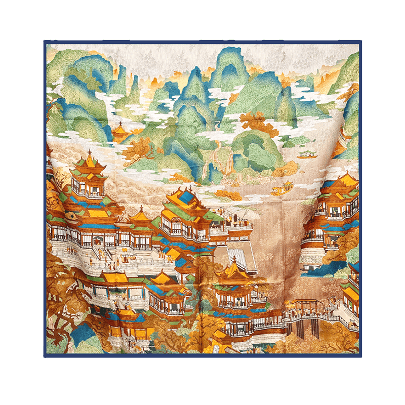 Mulberry Silk 14 Momme Square Scarf Cloud Pavilion 108x108 cm - SinoCultural -- CXFJ014