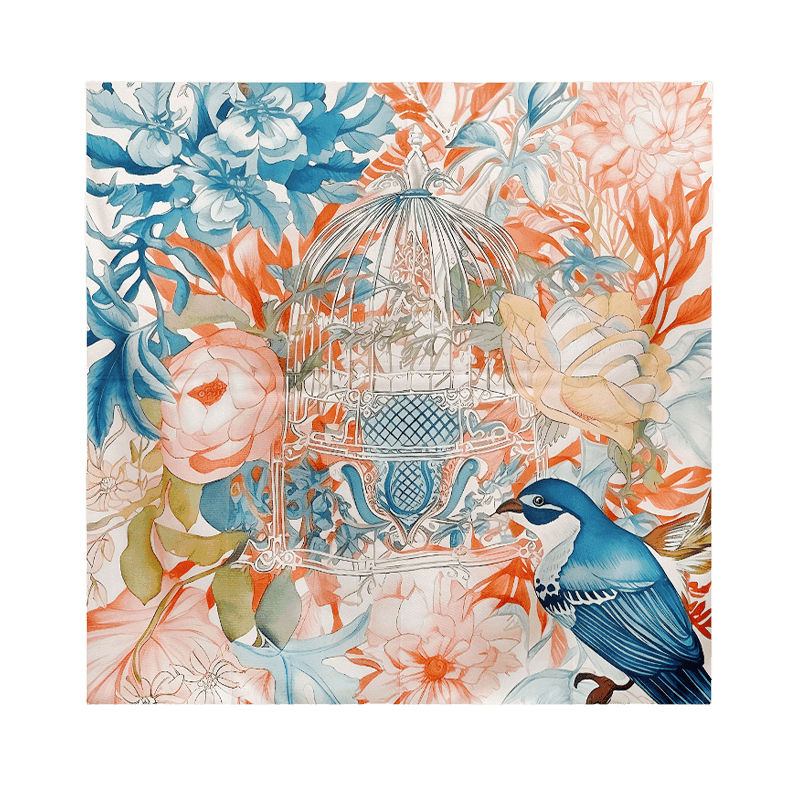 Mulberry Silk 14 Momme Square Scarf Floral and Avian 88x88 cm - SinoCultural -- CXFJ018