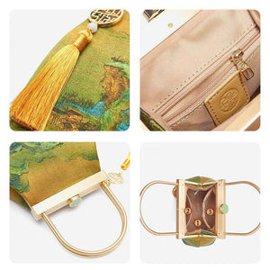 Chinese Painting Mulberry Silk Lux Kiss Lock Clutch Handbag - SinoCultural -- P170076