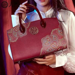 Chinese Style Leather Red Tote Bag Women's Wedding Handbag - SinoCultural -- P120483