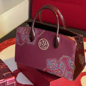 Chinese Style Leather Red Tote Bag Women's Wedding Handbag - SinoCultural -- P120483