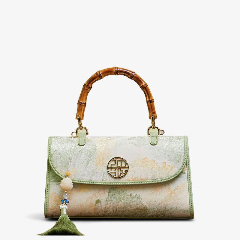 Chinese Style Mulberry Silk Bamboo Handle Light Green Handbag - SinoCultural -- P170079LG