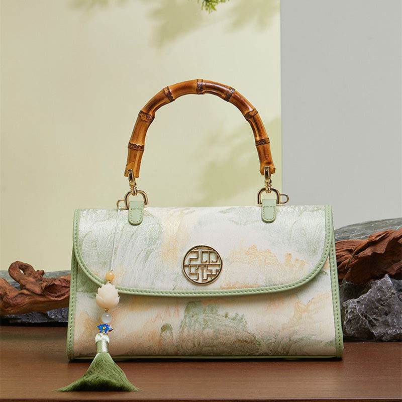 Chinese Style Mulberry Silk Bamboo Handle Light Green Handbag - SinoCultural -- P170079LG