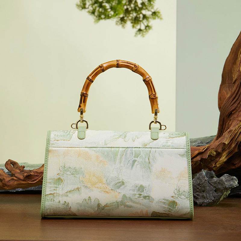 Chinese Style Mulberry Silk Bamboo Handle Light Green Handbag - SinoCultural -- P170079LG