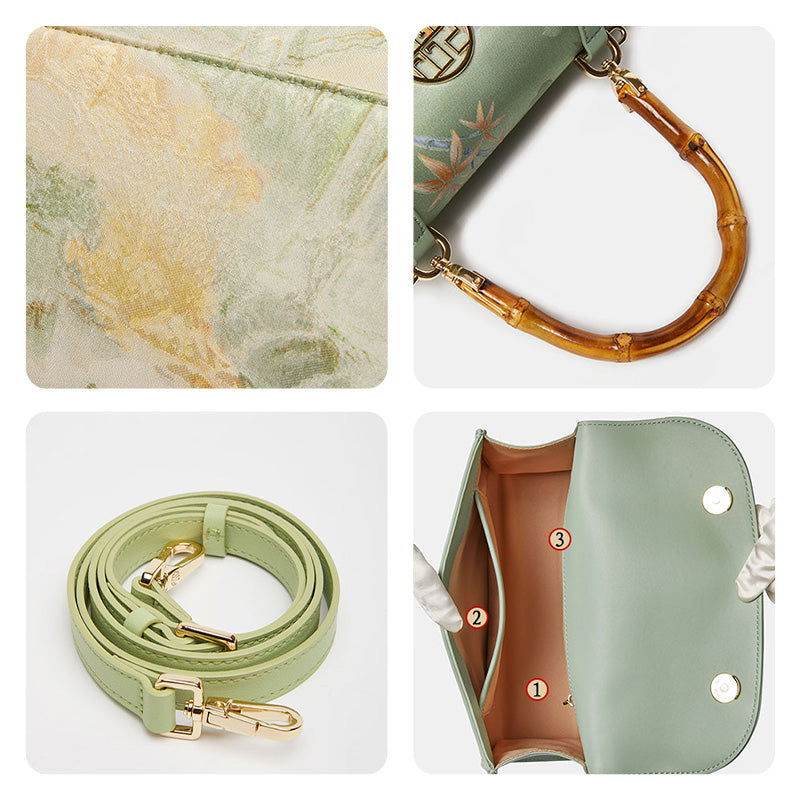 Chinese Style Mulberry Silk Bamboo Handle Light Green Handbag - SinoCultural -- P170079LG