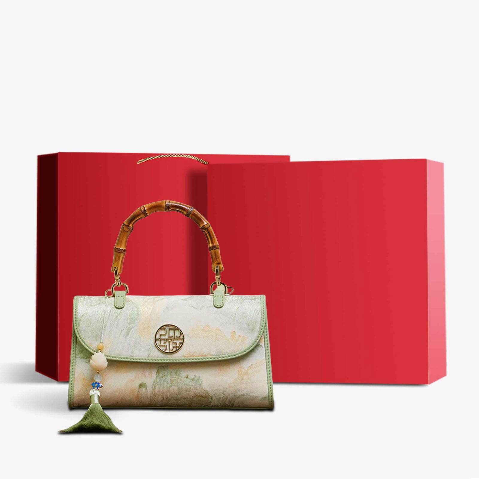 Chinese Style Mulberry Silk Bamboo Handle Light Green Handbag - SinoCultural -- P170079LG