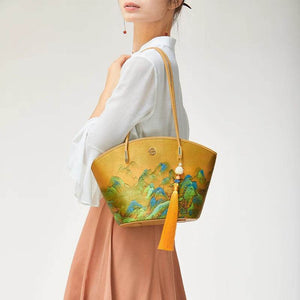 Mulberry Silk Handcrafted Bamboo Yellow Tote Bag - SinoCultural -- P220263-1