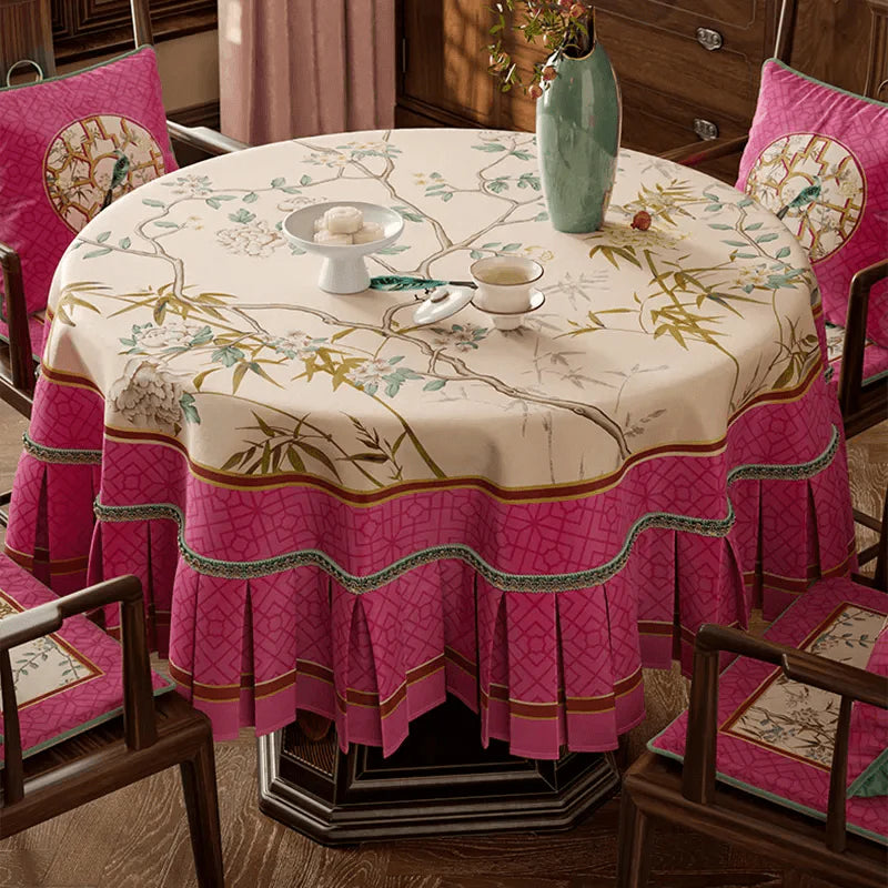 Chinoiserie Pink Retro Floral Bird Round Tablecloth - SinoCultural -- TC025A160