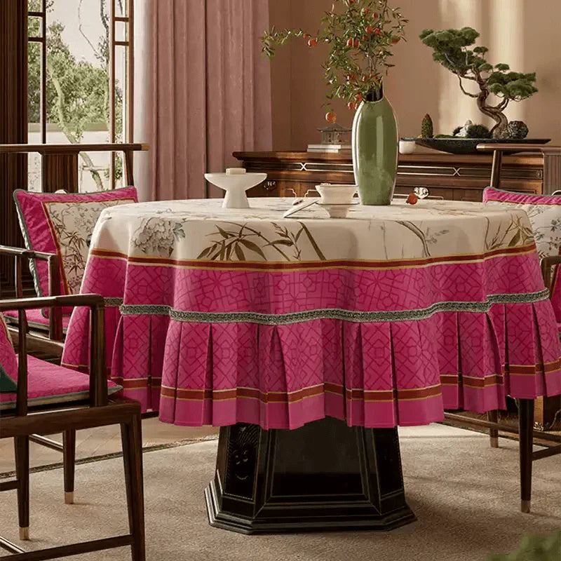 Chinoiserie Pink Retro Floral Bird Round Tablecloth - SinoCultural -- TC025A160