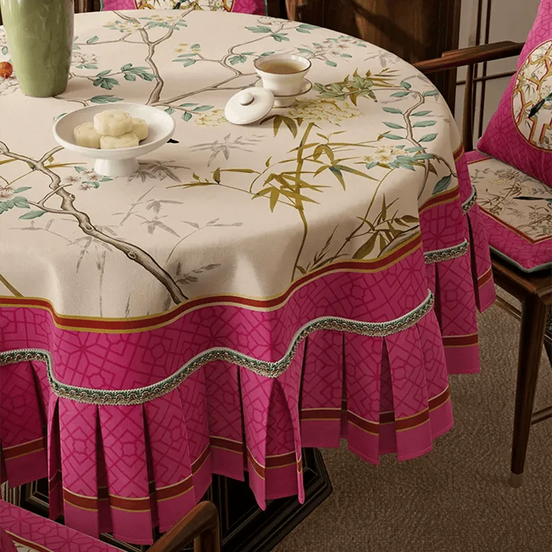Chinoiserie Pink Retro Floral Bird Round Tablecloth - SinoCultural -- TC025A160