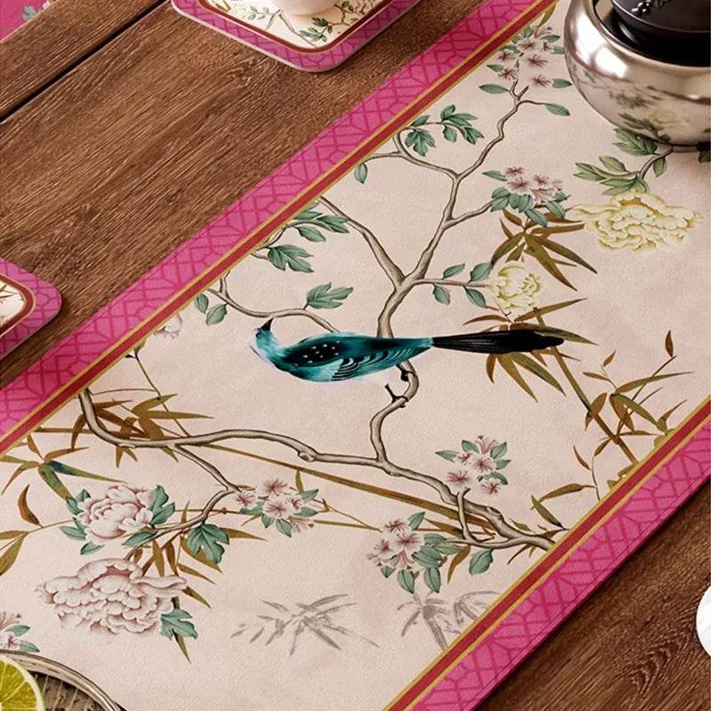 Chinoiserie Romance Luxe Floral Bird Pink Table Runner - SinoCultural -- TR031A160