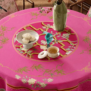 Chinoiserie Pink Retro Floral Bird Round Tablecloth - SinoCultural -- TC025A160