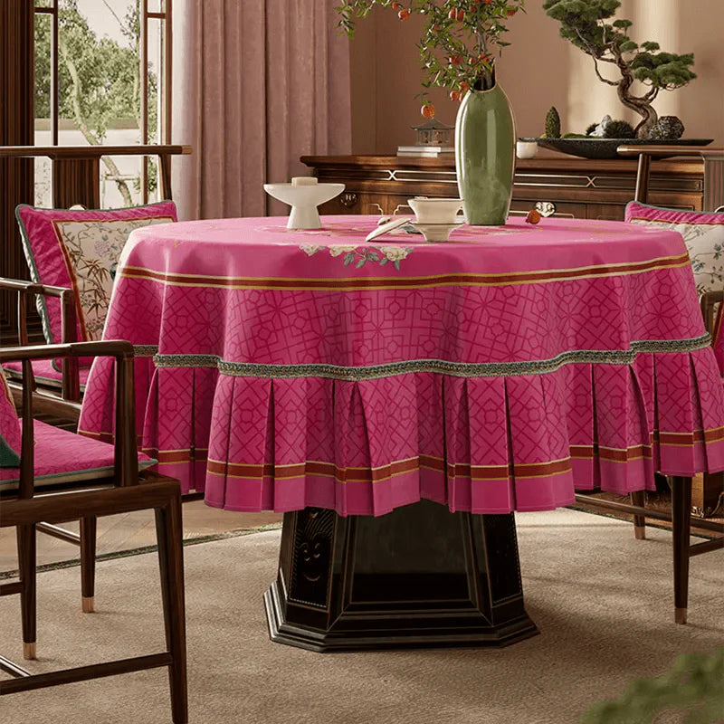 Chinoiserie Pink Retro Floral Bird Round Tablecloth - SinoCultural -- TC025A160