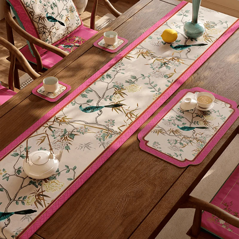 Chinoiserie Romance Luxe Floral Bird Pink Table Runner - SinoCultural -- TR031A160