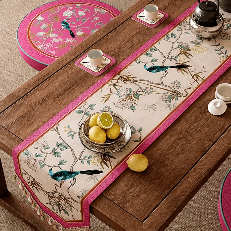 Chinoiserie Romance Luxe Floral Bird Pink Table Runner - SinoCultural -- TR031A160