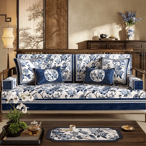 Chinoiserie Vintage Blue and White Flowers and Birds Sofa Slipcover - SinoCultural -- S0C004A9090