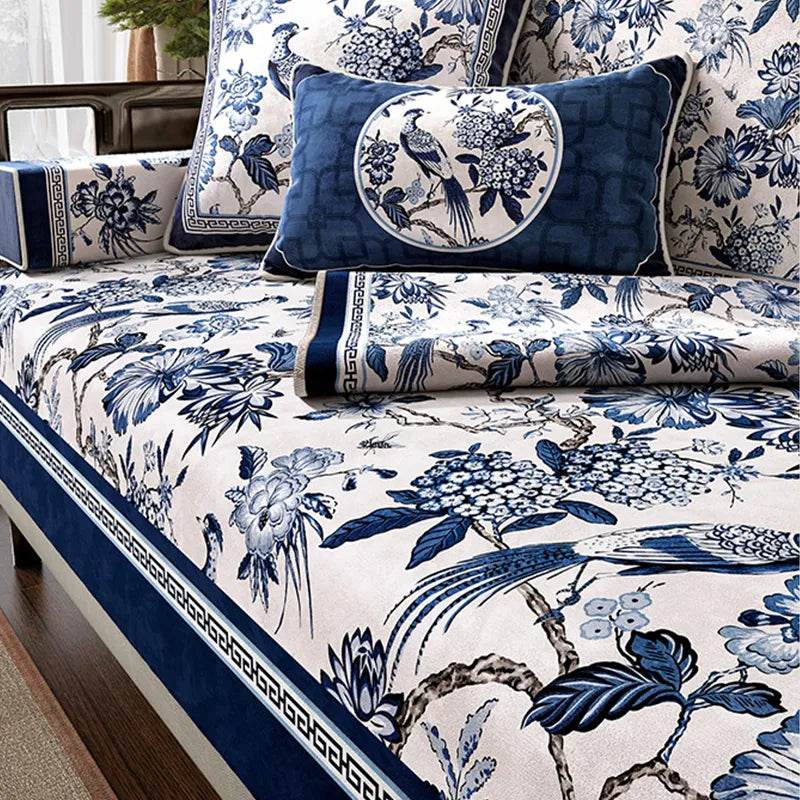 Chinoiserie Vintage Blue and White Flowers and Birds Sofa Slipcover - SinoCultural -- S0C004A9090