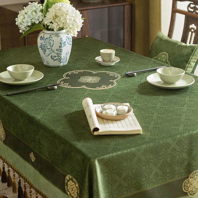Chinoiserie Dark Green Vintage Elegance Tablecloth - SinoCultural -- TC005DG85