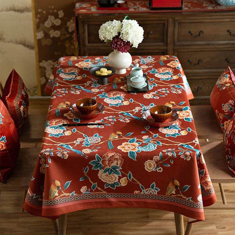 Chinoiserie Floral Wedding Celebration Rectangular Red Tablecloth - SinoCultural -- TC013R85