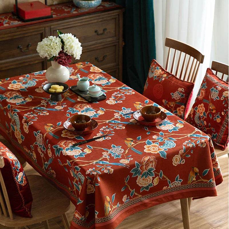 Chinoiserie Floral Wedding Celebration Rectangular Red Tablecloth - SinoCultural -- TC013R85