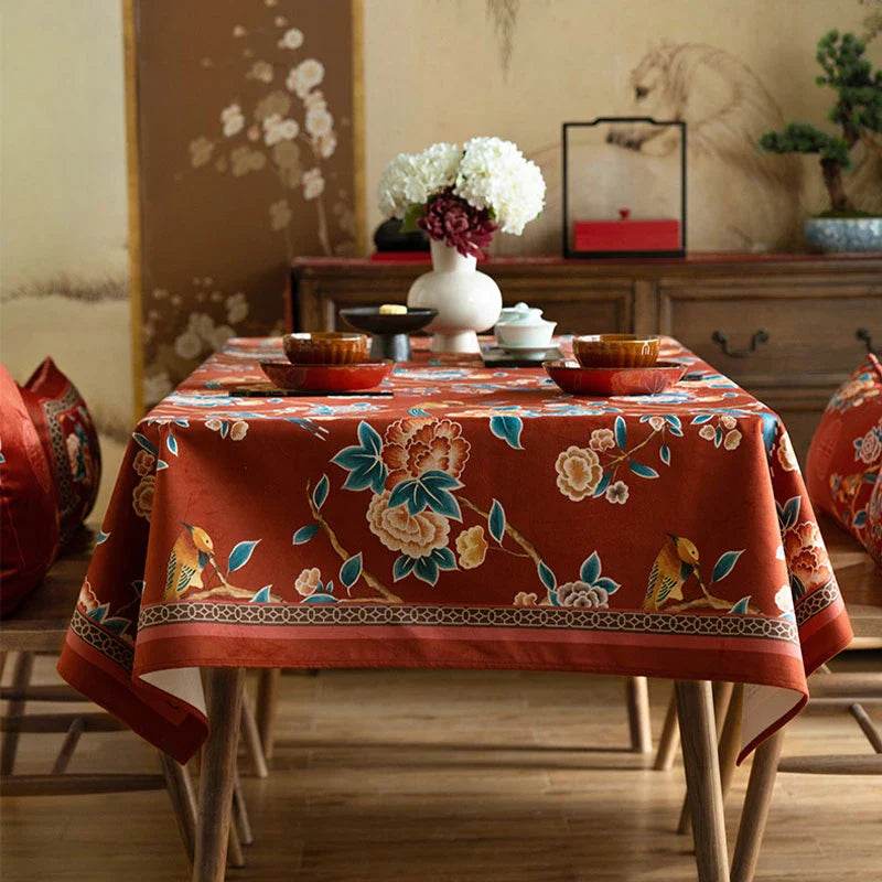 Chinoiserie Floral Wedding Celebration Rectangular Red Tablecloth - SinoCultural -- TC013R85