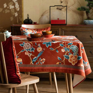Chinoiserie Floral Wedding Celebration Rectangular Red Tablecloth - SinoCultural -- TC013R85