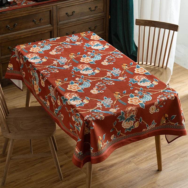 Chinoiserie Floral Wedding Celebration Rectangular Red Tablecloth - SinoCultural -- TC013R85