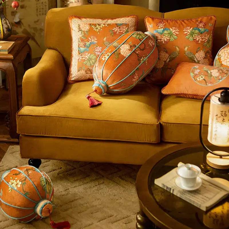 Chinoiserie Lantern-Shaped Throw Pillow Orange Hydrangea Dream - SinoCultural -- SJZBZ029A01