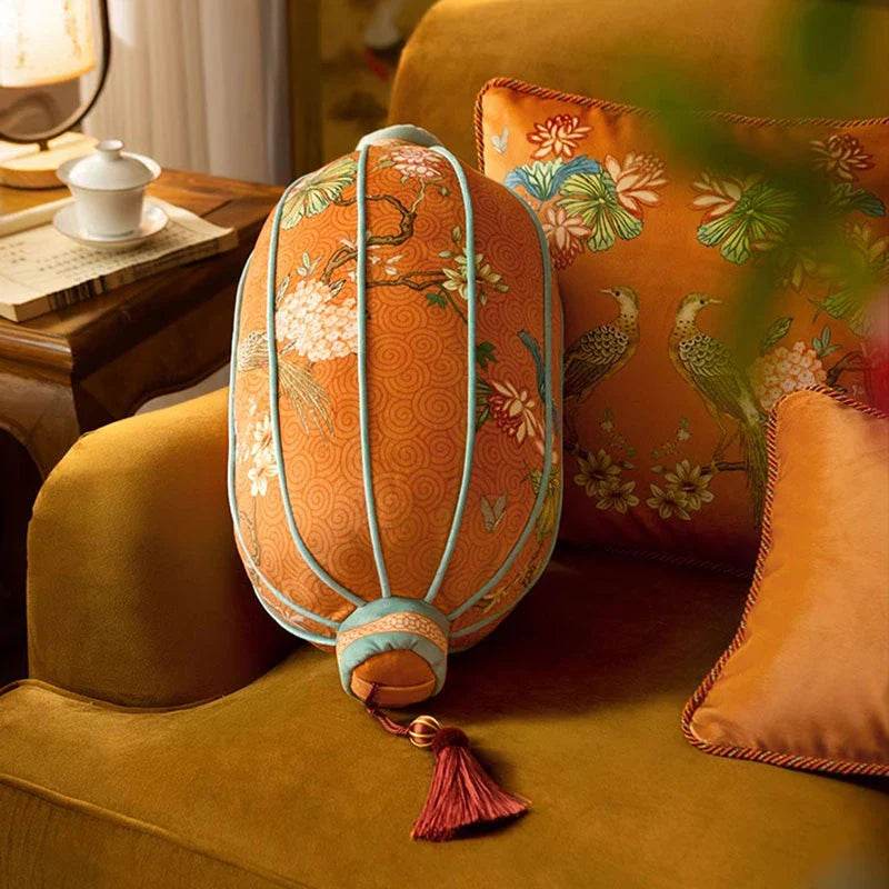 Chinoiserie Lantern-Shaped Throw Pillow Orange Hydrangea Dream - SinoCultural -- SJZBZ029A01