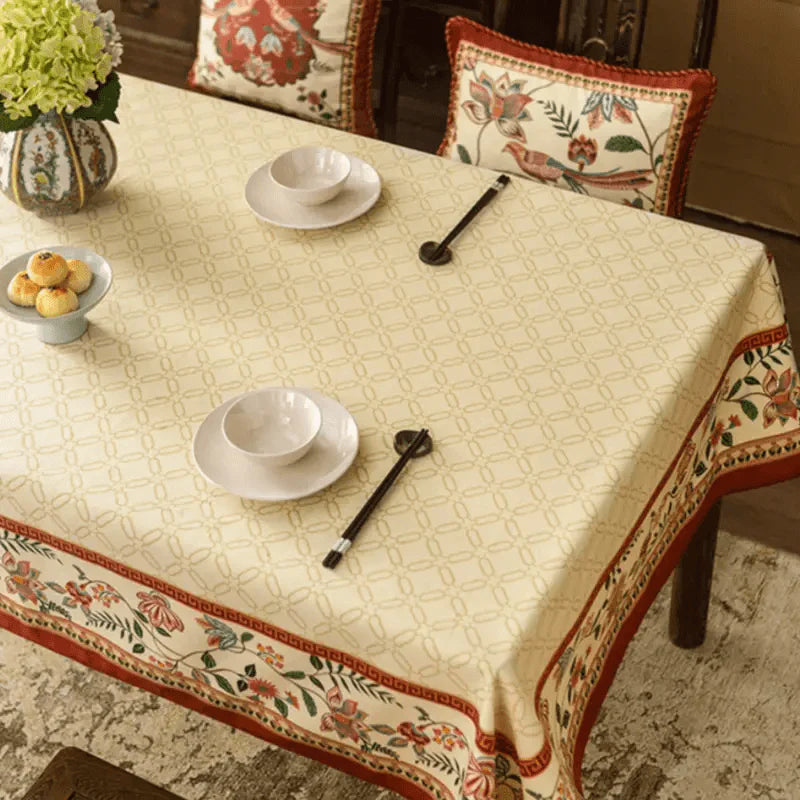 Chinoiserie Luxury Plush Rectangular Beige Tablecloth - SinoCultural -- TC012W85