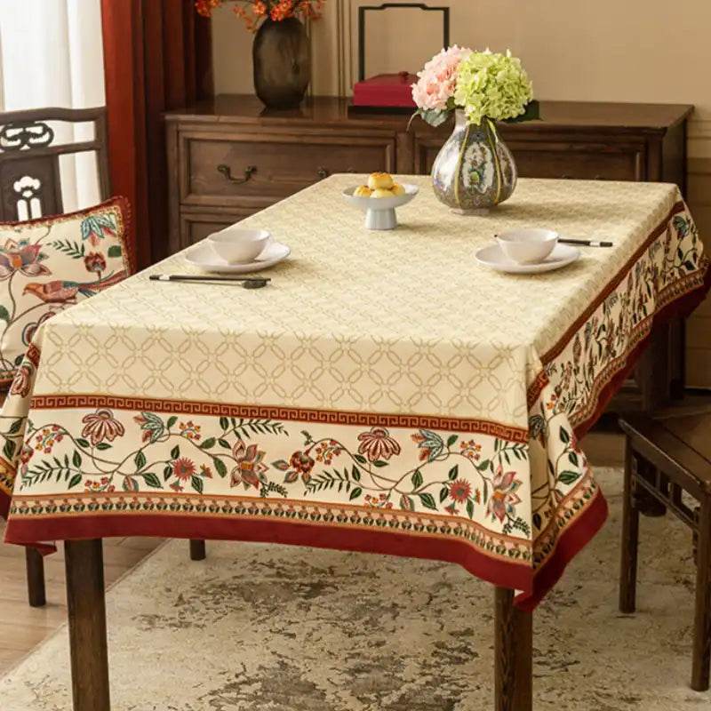 Chinoiserie Luxury Plush Rectangular Beige Tablecloth - SinoCultural -- TC012W85