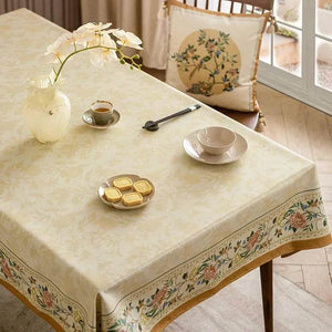 Chinoiserie Luxury Plush Rectangular Beige Floral Tablecloth - SinoCultural -- TC021W85