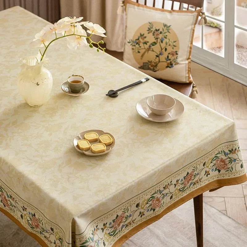Chinoiserie Luxury Plush Rectangular Beige Floral Tablecloth - SinoCultural -- TC021W85
