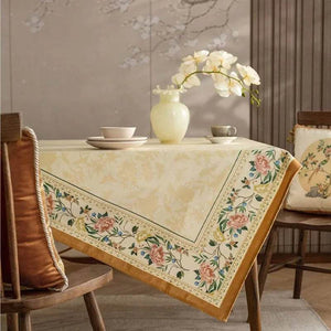 Chinoiserie Luxury Plush Rectangular Beige Floral Tablecloth - SinoCultural -- TC021W85