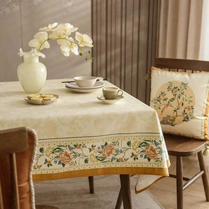 Chinoiserie Luxury Plush Rectangular Beige Floral Tablecloth - SinoCultural -- TC021W85