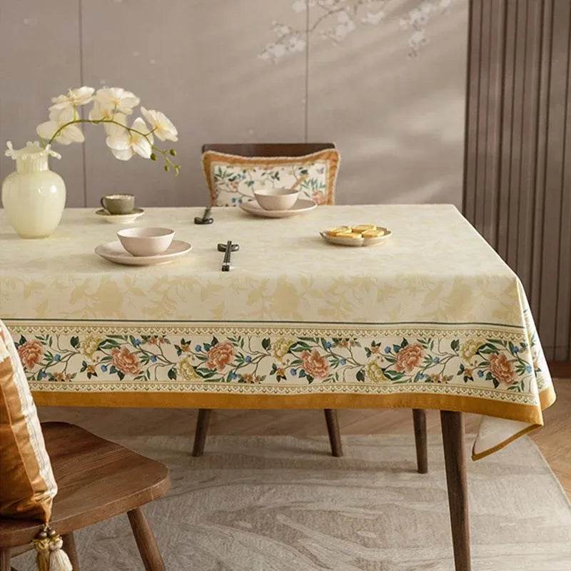 Chinoiserie Luxury Plush Rectangular Beige Floral Tablecloth - SinoCultural -- TC021W85