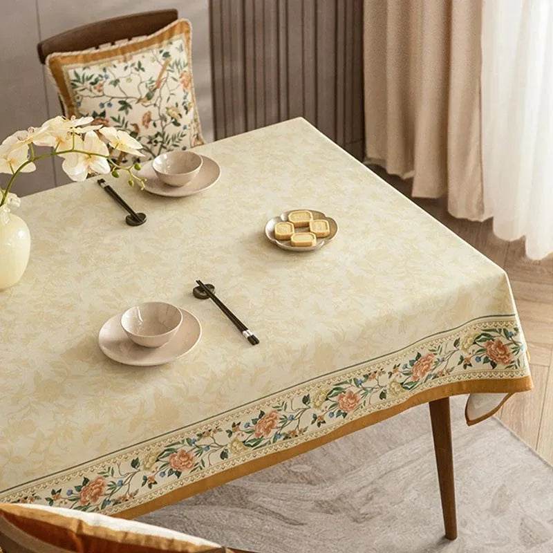 Chinoiserie Luxury Plush Rectangular Beige Floral Tablecloth - SinoCultural -- TC021W85