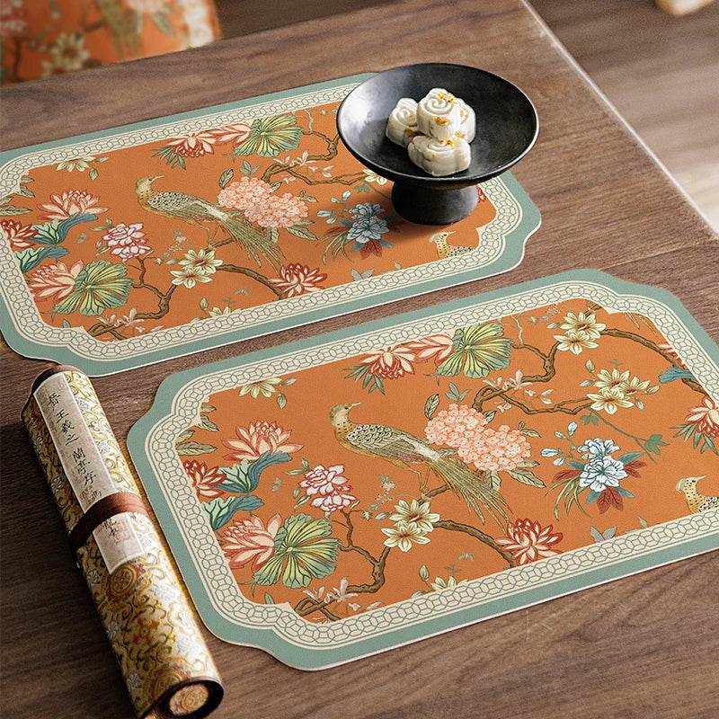 2-Piece Chinoiserie Mountain Hydrangea Leather Washable Placemat - SinoCultural -- TM015A3045
