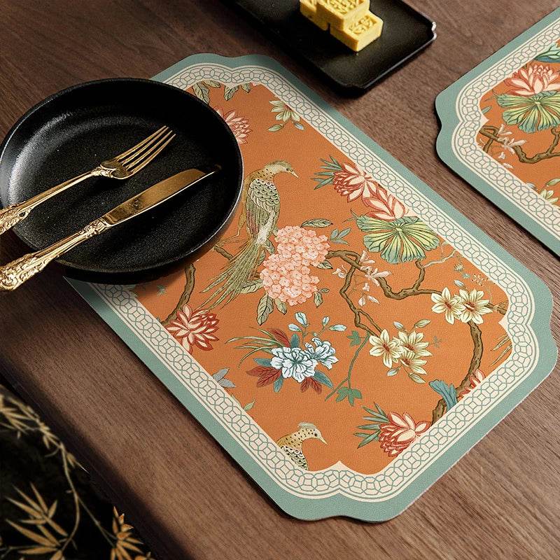 2-Piece Chinoiserie Mountain Hydrangea Leather Washable Placemat - SinoCultural -- TM015A3045