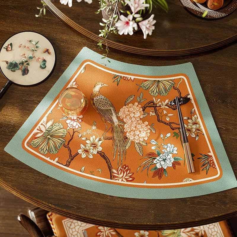 2-Piese Chinoiserie Mountain Hydrangea Round Table Fan-shaped Placemat - SinoCultural -- TM021A46