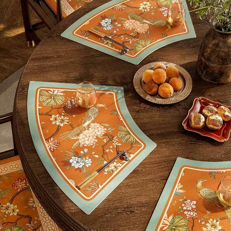 2-Piese Chinoiserie Mountain Hydrangea Round Table Fan-shaped Placemat - SinoCultural -- TM021A46