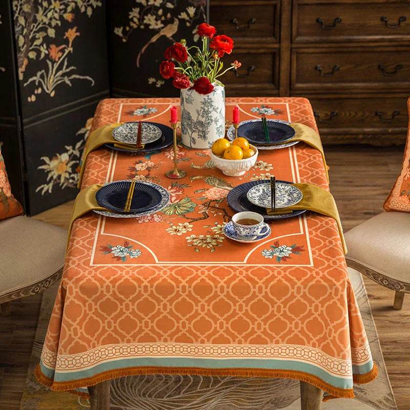 Chinoiserie Orange Mountain Hydrangea Rectangle Tablecloth - SinoCultural -- TC009Y85