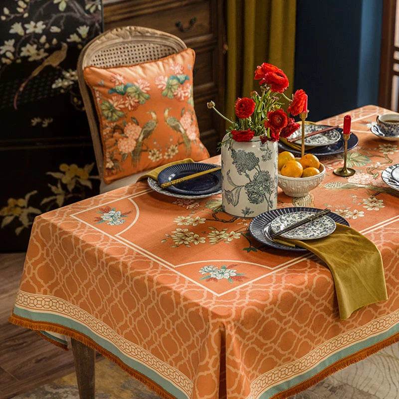 Chinoiserie Orange Mountain Hydrangea Rectangle Tablecloth - SinoCultural -- TC009Y85