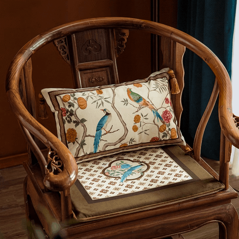 Chinoiserie Orange Persimmon Luxurious Lumbar Pillow - SinoCultural -- WP009A01