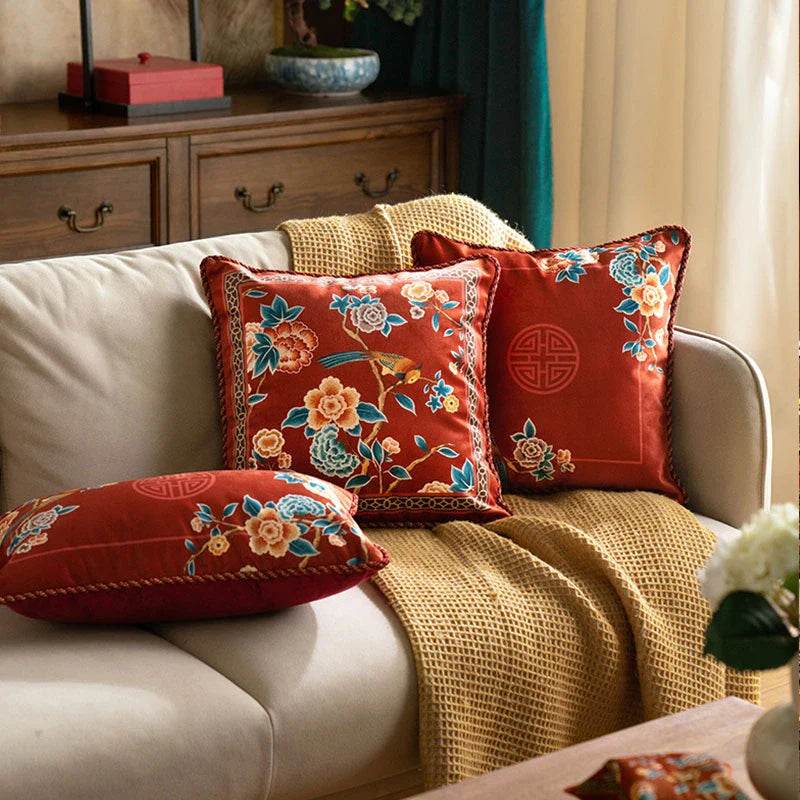 Chinoiserie Oriental Elegance Red Pillow Cushion Floral Reverie - SinoCultural -- SJZBZ032A01