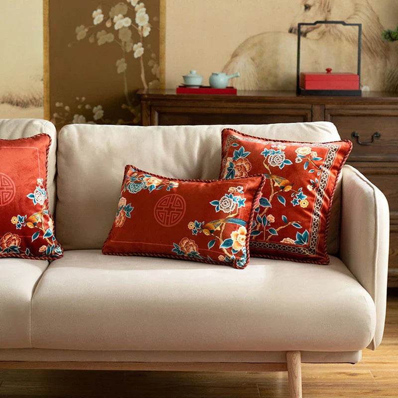 Chinoiserie Oriental Elegance Red Pillow Cushion Floral Reverie - SinoCultural -- SJZBZ032A01