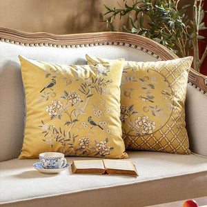 Chinoiserie Original Yellow Flowers and Birds Throw Pillow Autumn Abundance - SinoCultural -- SJZB039A01