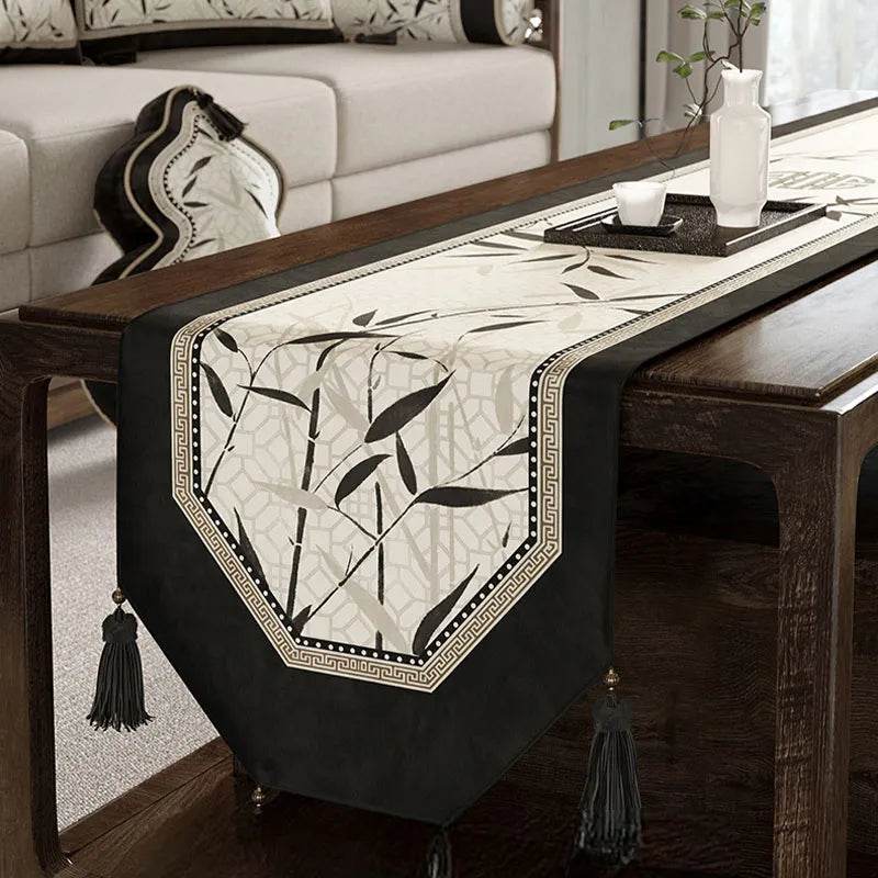 Chinoiserie Plush Bamboo Vintage Tea Black Table Runner - SinoCultural -- TR004W160