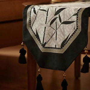 Chinoiserie Plush Bamboo Vintage Tea Black Table Runner - SinoCultural -- TR004W160